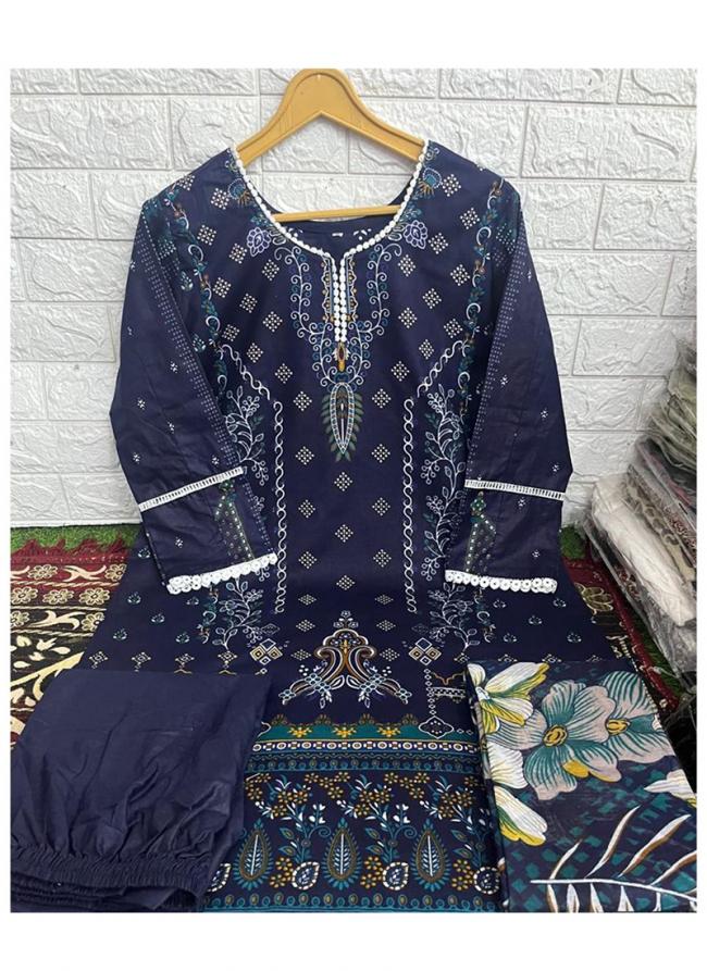 Heavy Cotton Navy Blue Eid Wear Printed Readymade Pakistani Suit